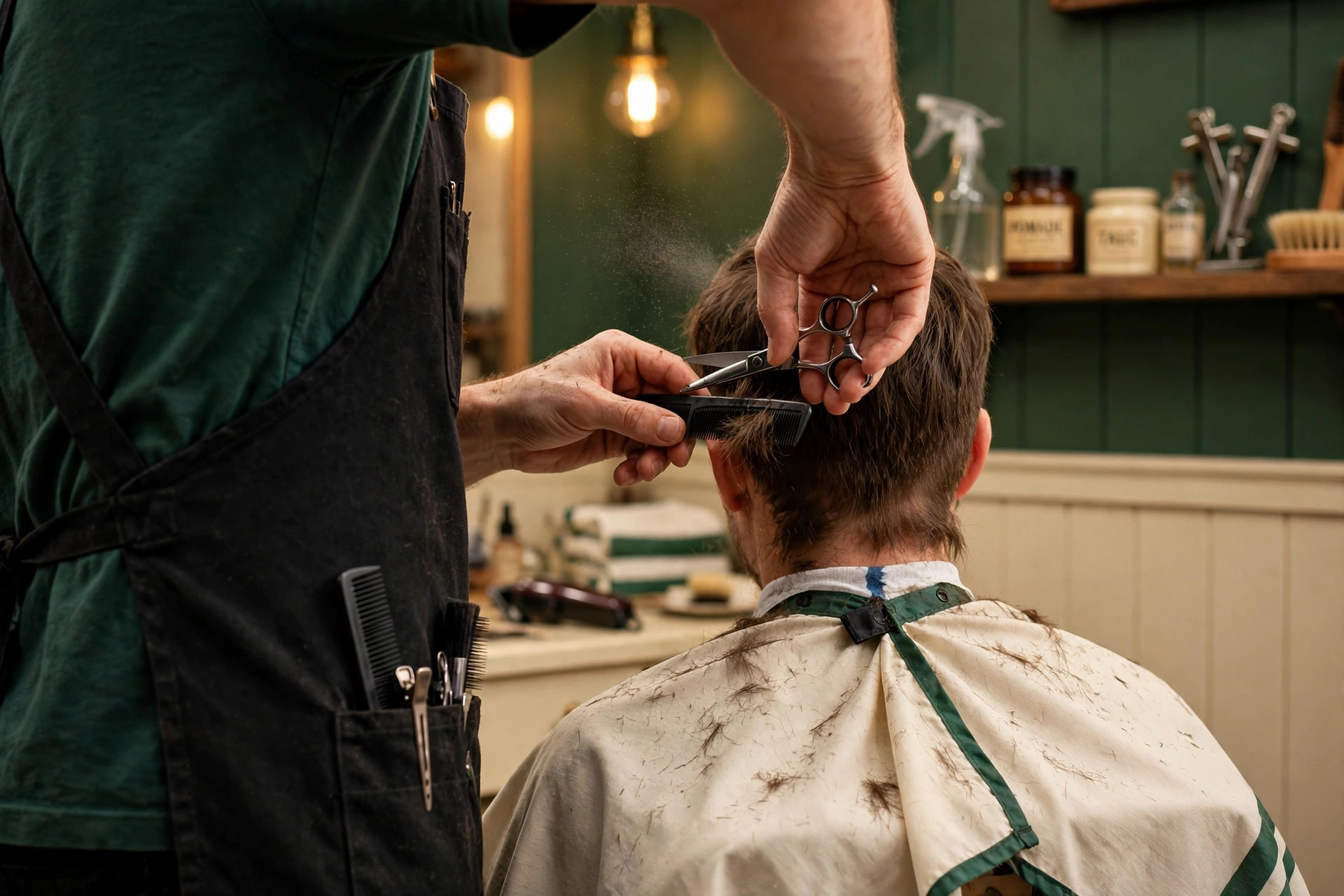 Barbero cortando el pelo de un cliente, visto de espaldas