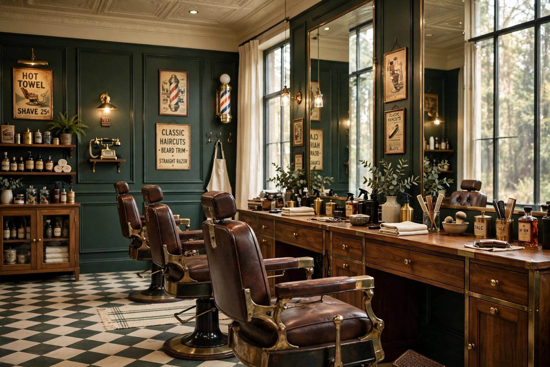 Interior de barbería clásica en verde bosque y crema, con sillones de cuero