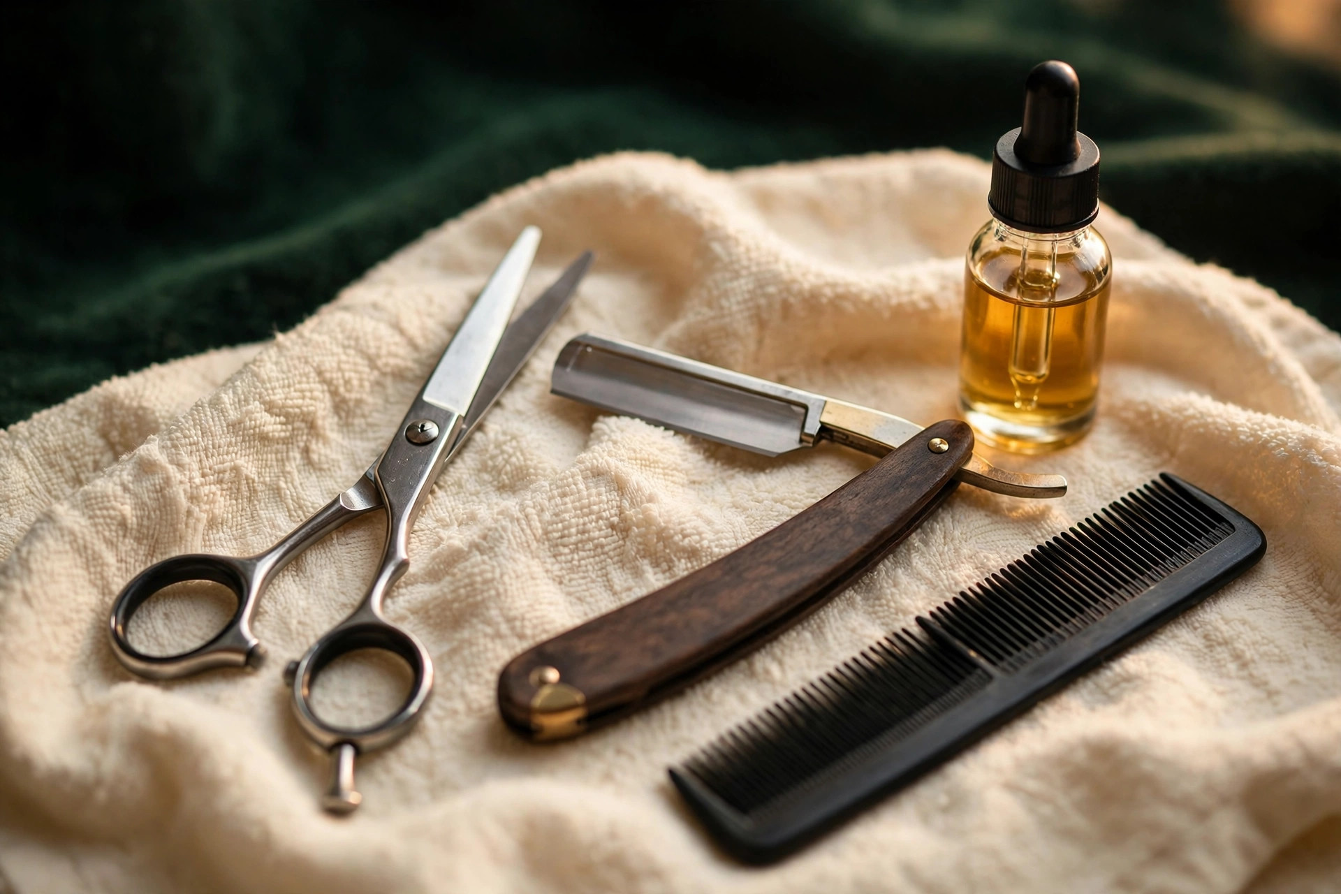 Tijeras, navaja, peine y aceite para barba sobre una toalla crema
